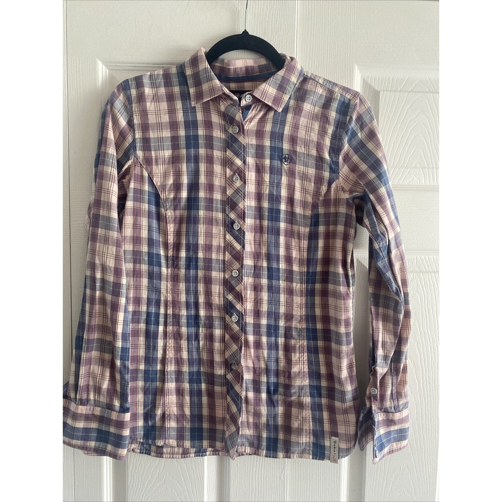Ariat Plaid Button Down Womens Size S Purple Blue Western Long Sleeve Cotton - Picture 1 of 6